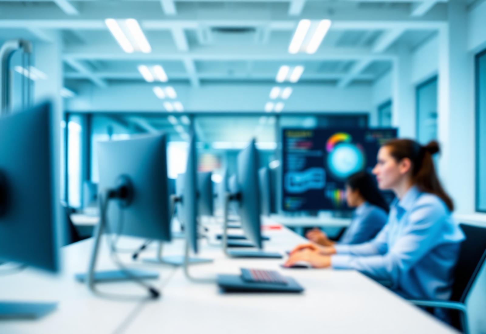 Modern office with a development team working at monitors