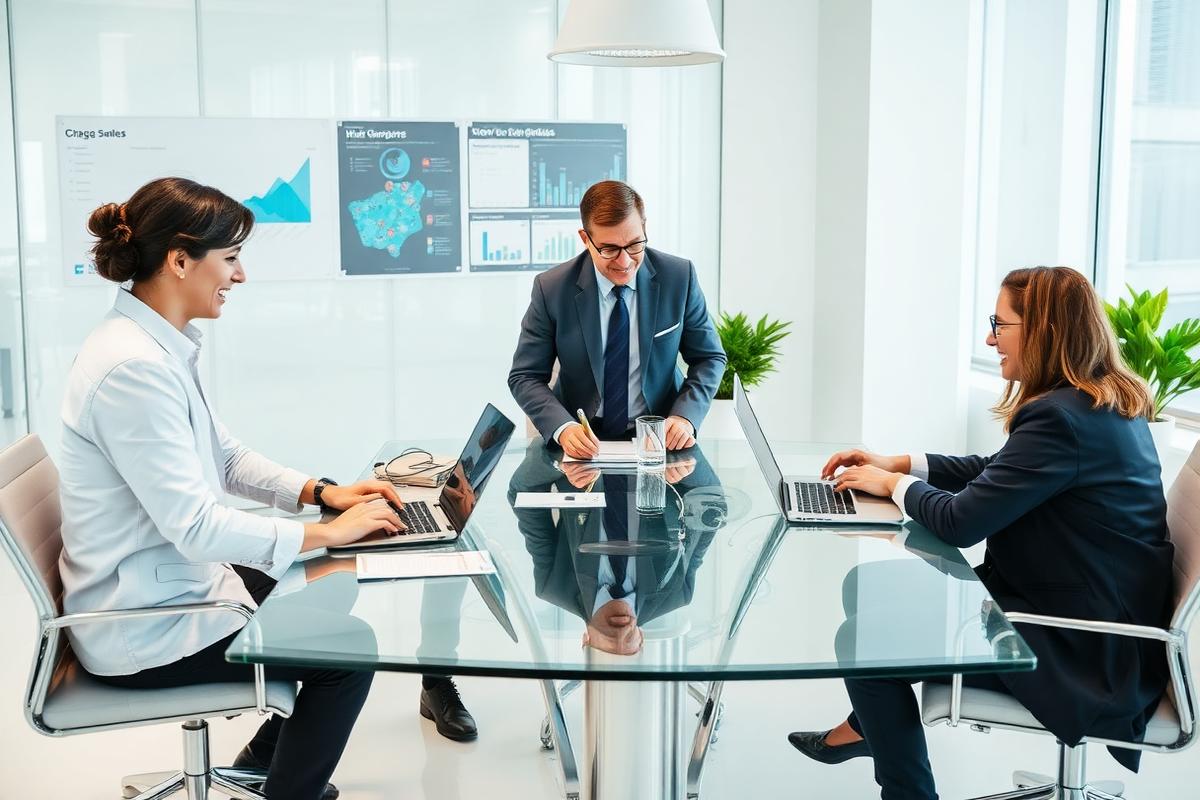 Consultants reviewing workplace technology dashboards in a bright office