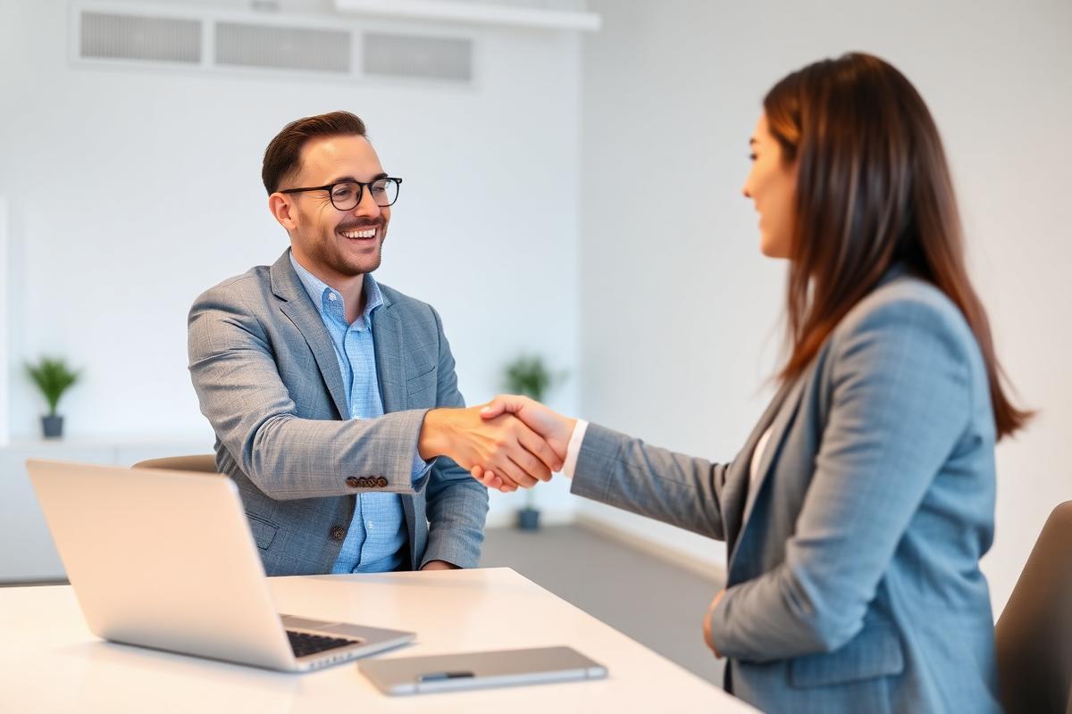 Recruiter shaking hands with a software engineer candidate after an interview