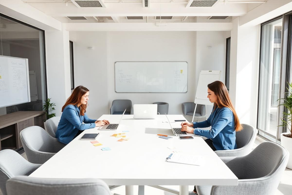 Consultants reviewing workplace technology dashboards in a bright office