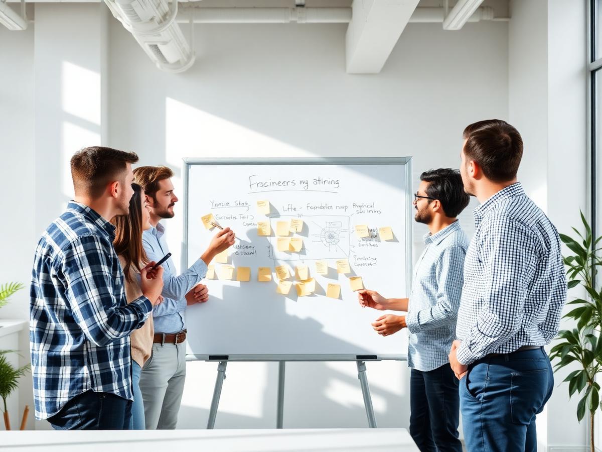 Engineering team collaborating at a whiteboard in a bright office